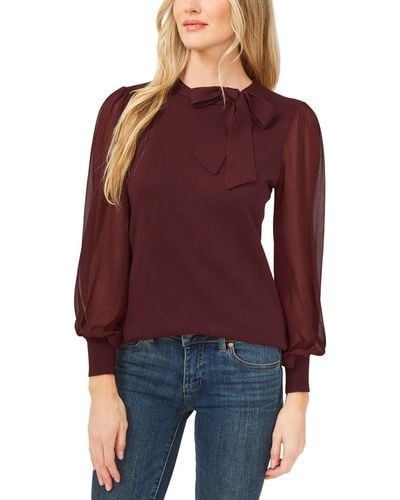 Cece Chiffon Sleeves Tie Neck Pullover Sweater - Red