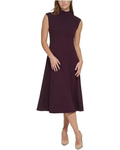 Calvin Klein Mock Neck Midi Fit & Flare Dress - Purple