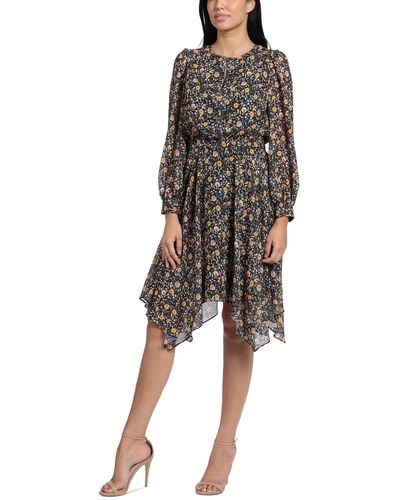 London Times Petites Floral Long Sleeves Fit & Flare Dress - Black