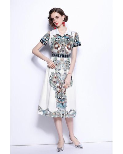 Kaimilan White & Color ?ocktail A-line Shirt Colar Short Sleeve Midi Printed Dress