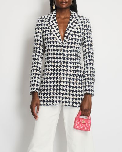 Chanel 21/p Houndstooth Long Line Jacket With Multicoloured Detail - White