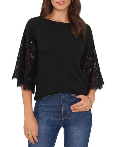 Vince Camuto Boat Neck Lace Trim Pullover Sweater - Black