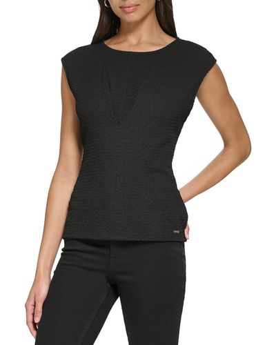 Calvin Klein Pleated V Cap Sleeve Blouse - Black