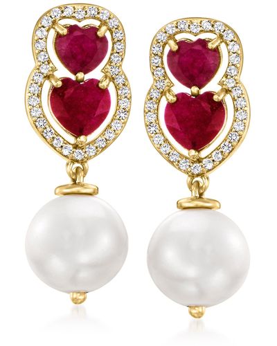 Ross-Simons 9.5-10mm Cultu Pearl And Ruby Heart Drop Earrings With . White Topaz - Red