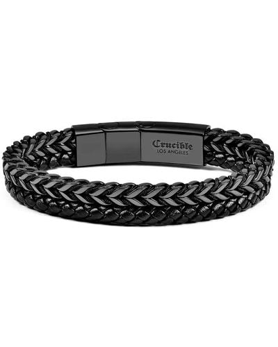 Crucible Jewelry Crucible Los Angeles Polished Stainless Steel Leather And Franco Chain Bracelet - Black