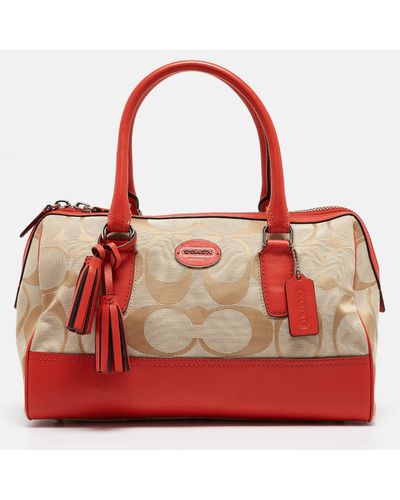 COACH /beige Signature Canvas And Leather Haley Satchel - Red