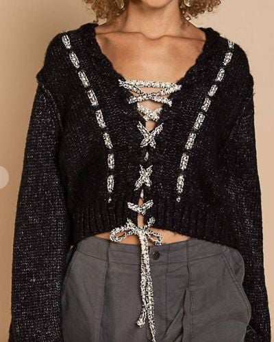 Pol V-neck Lace Up Sweater - Black