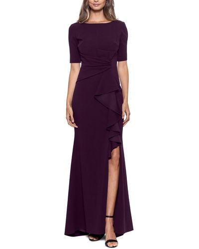 Betsy & Adam Petites Ruched Boatneck Evening Dress - Purple