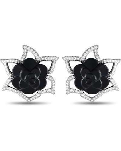 Chanel Camellia 18k White Gold 3.65ct Diamond And Onyx Earrings - Black