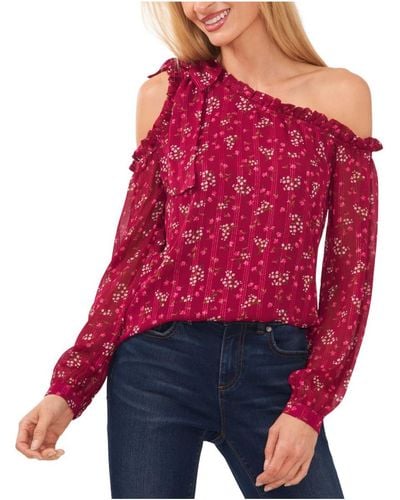 Cece Metallic Floral Blouse - Red
