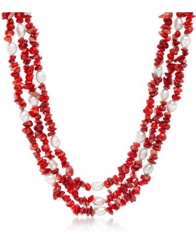 Ross-Simons 7-8mm Cultured Pearl And 4-9mm Red Coral Necklace - Multicolor