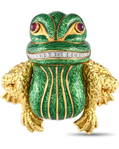David Webb 18k Yellow Gold And Platinum Diamond And Ruby Enameled Frog Brooch - Green