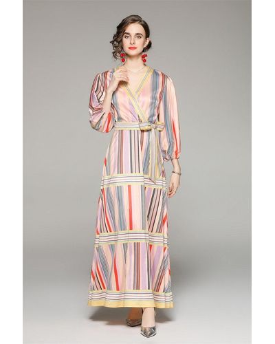 Kaimilan Color Day A-line V-neck Bishop 3/4 Sleeves Tea Printed Dress - Pink