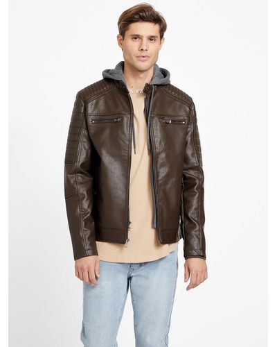 Guess Factory David Faux-leather Hooded Jacket - Brown