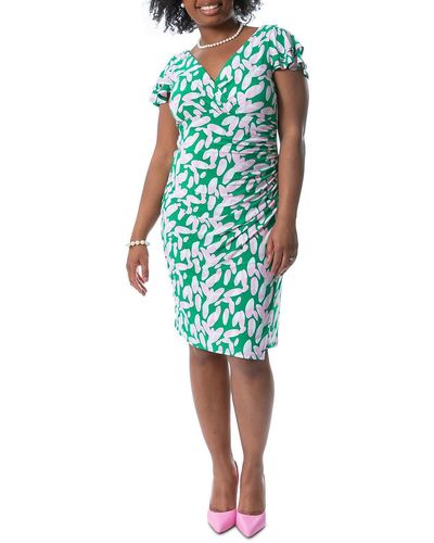 Kasper Printed Knee Sheath Dress - Green
