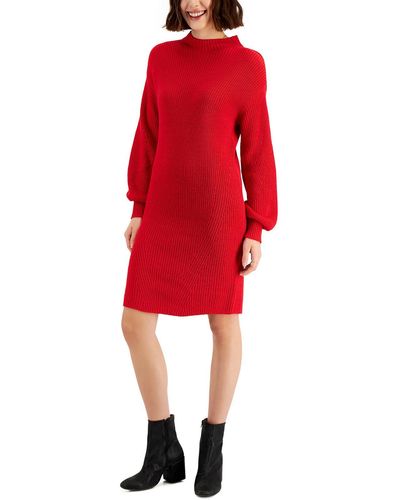 Style & Co. Ribbed Knit Mock-turtle Neck Sweaterdress - Red