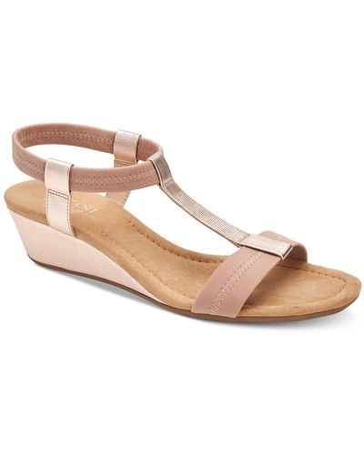 Alfani Voyage Faux Leather T Strap Wedge Sandals - Pink