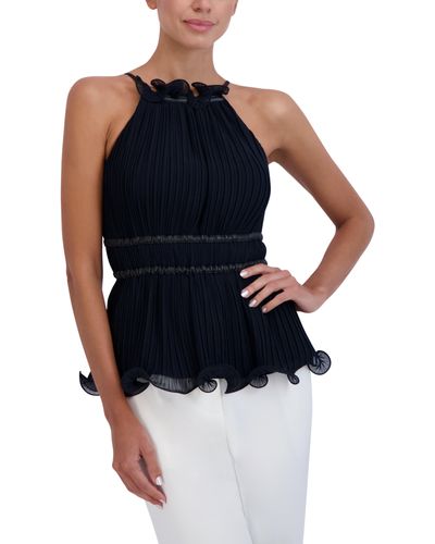 BCBGMAXAZRIA Ruffle Mock Neck Peplum Top - Blue