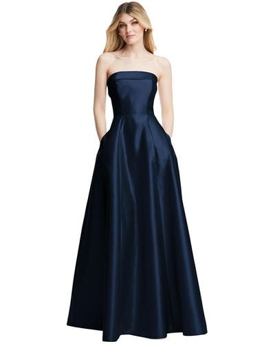 Alfred Sung Strapless Bias Cuff Bodice Satin Gown With Pockets - Blue