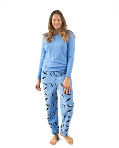 Leveret Christmas Cotton Top And Fleece Pant Pajamas Penguin - Blue