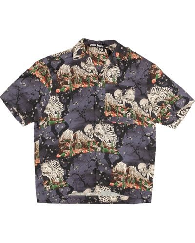Palm Angels Purple And Black Allover Skull Bowling Shirt - Gray