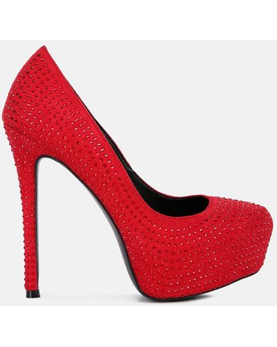 LONDON RAG Clarisse Diamante Faux Suede High Heeled Pumps - Red