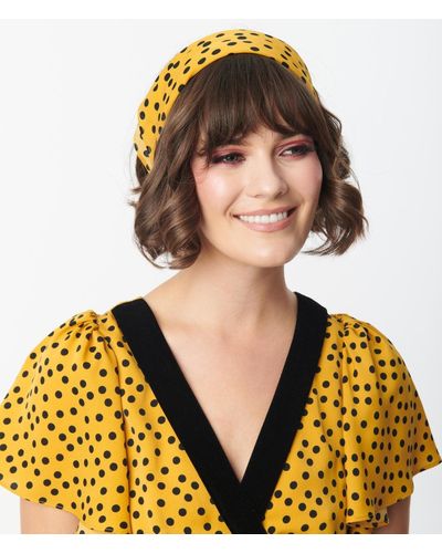 Unique Vintage Mustard & Black Polka Dot Hair Scarf - Yellow