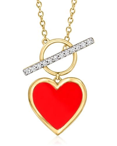Ross-Simons Diamond And Red Enamel Heart Toggle Necklace In 18kt Gold Over Sterling