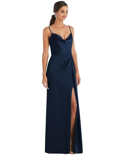 Dessy Collection Cowl-neck Draped Wrap Maxi Dress With Front Slit - Blue