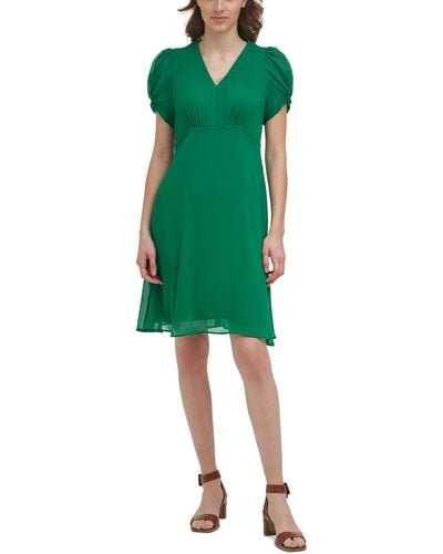 Calvin Klein Puff Sleeve Short Fit & Flare Dress - Green