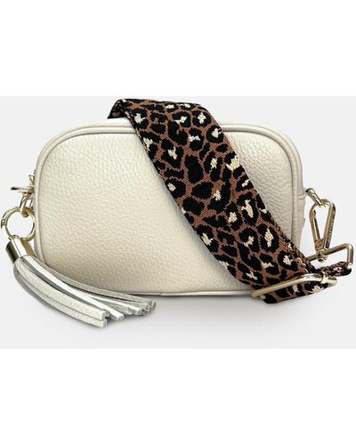 Apatchy London The Mini Tassel Stone Leather Phone Bag With Tan Cheetah Strap - Natural