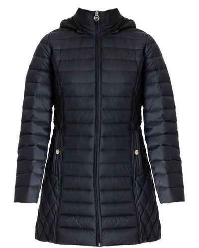 Michael Kors Hooded Down Packable Jacket Coat With Removable Hood In Black - Blue