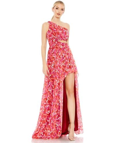 Mac Duggal Printed One Shoulder Cut Out Hi-lo Gown - Red