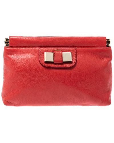 Chloé Coral Leather Bow Clutch - Red