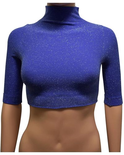 Phat Buddha Mock Neck Metallic Stretch Crop Top - Blue