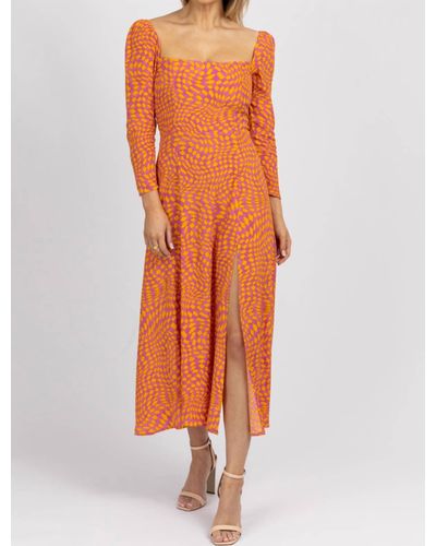 Olivaceous Checked Squareneck Midi Dress - Orange