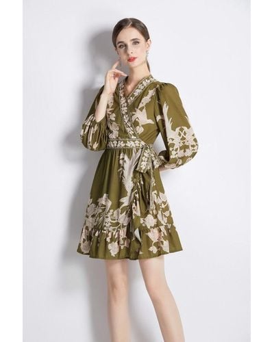 Kaimilan Army Green Day A-line V-neck 3/4 Sleeves Short Dress - Multicolor