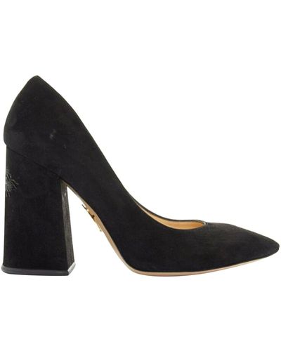 Charlotte Olympia Suede Point Toe Spider Embroidered Chunky High Heel - Black