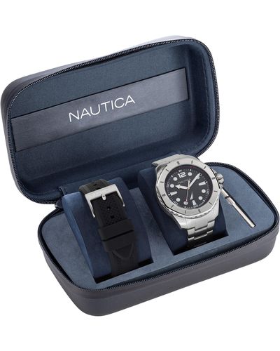 Nautica Koh May Bay Stainless Steel And Silicone Watch Box Set - Blue