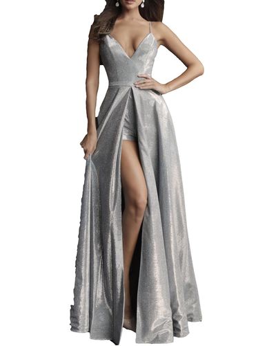 JVN By Jovani V Neck Prom Evening Dress - Metallic