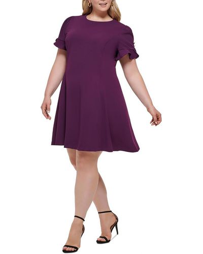 DKNY Plus Embellished Short Sleeve Fit & Flare Dress - Purple