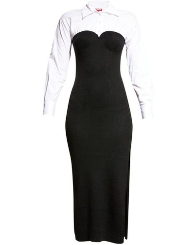 STAUD Hazel Long Sleeves Combo Slit Midi Shirt Dress & White - Black