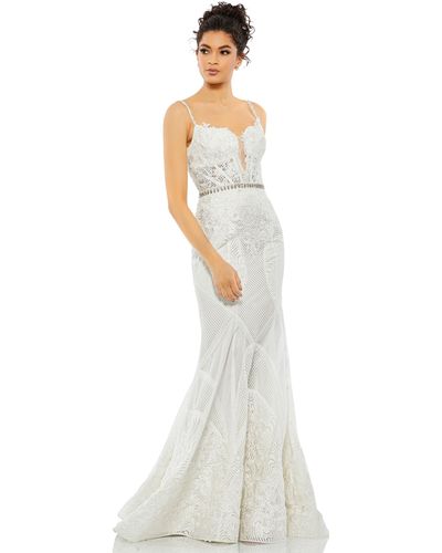 Mac Duggal Embroidered Sleeveless Plunge Neck Trumpet Gown - White
