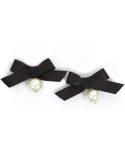Clare V. Leather Bow & Pearl Studs Earrings - Black