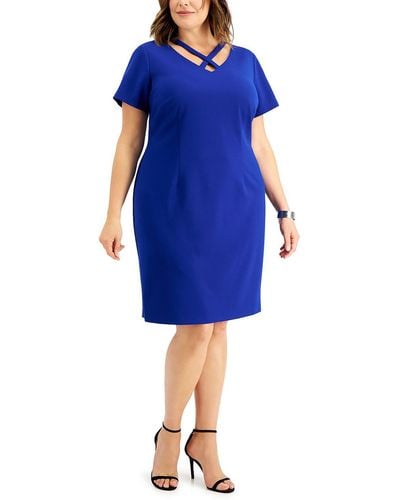Connected Apparel Plus Cross-front Knee Sheath Dress - Blue