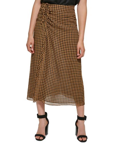 Calvin Klein Ruched Check Print Midi Skirt - Brown
