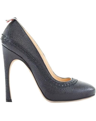 Thom Browne Black Grained Leather Brogue Inspired Round Toe Heel - Blue