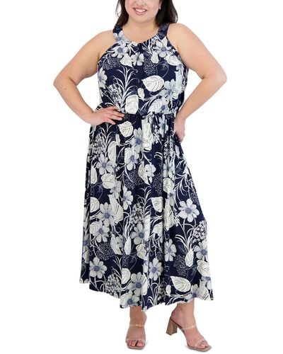 Signature By Robbie Bee Plus Printed Long Maxi Dress - Blue