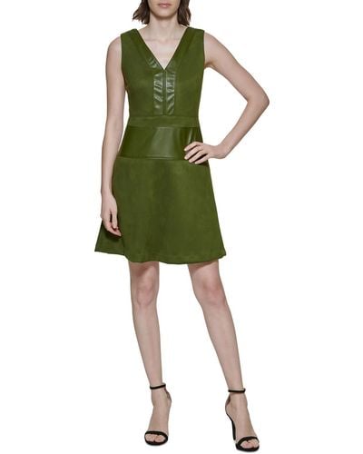 DKNY Faux Suede Mini Fit & Flare Dress - Green