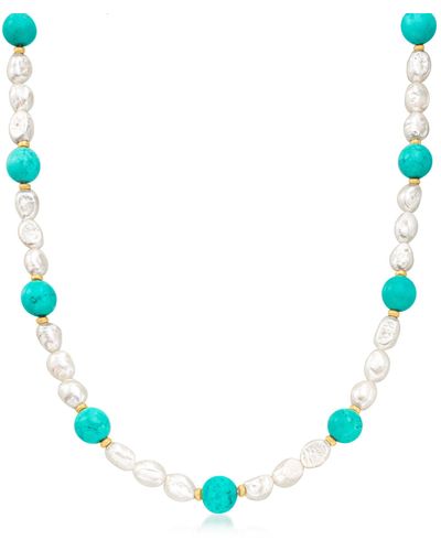 Ross-Simons 8-9mm Cultured Pearl And Turquoise Bead Necklace - Multicolor